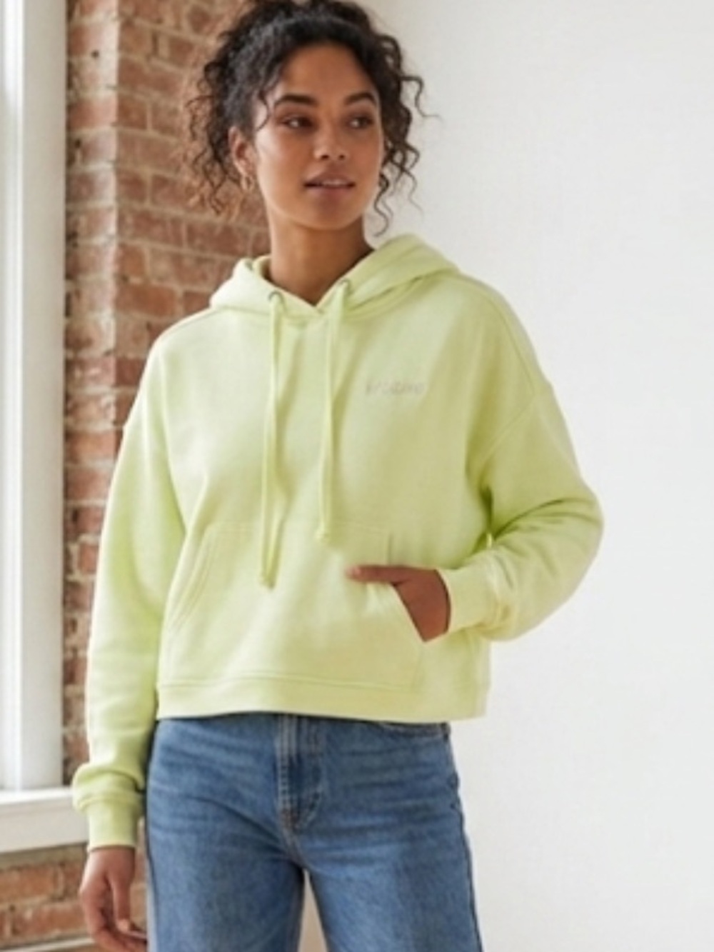 Re/Done Cropped Yellow Cotton Terry Hoodie Small